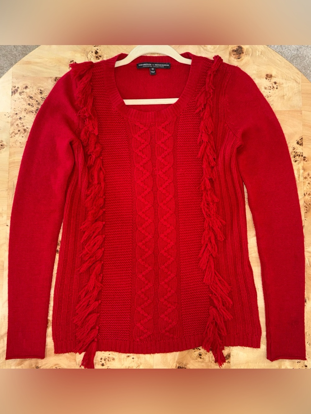 Tess Giberson for Neiman Marcus 100% Cashmere Red Fringe Cable Knit Sweater XS